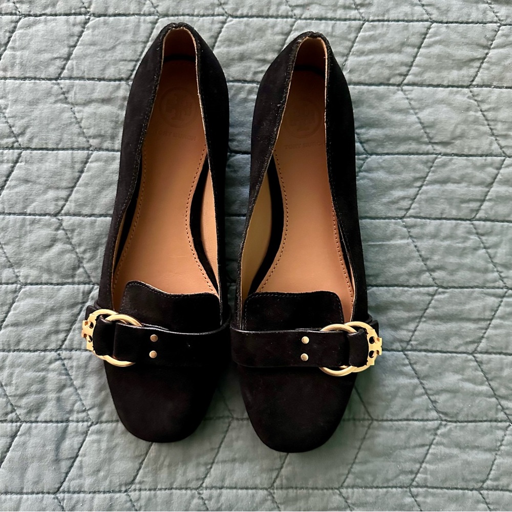 TORY BURCH Marsden Black Suede Gold Tone Belted Reva Smoking Slipper Flat 7.5